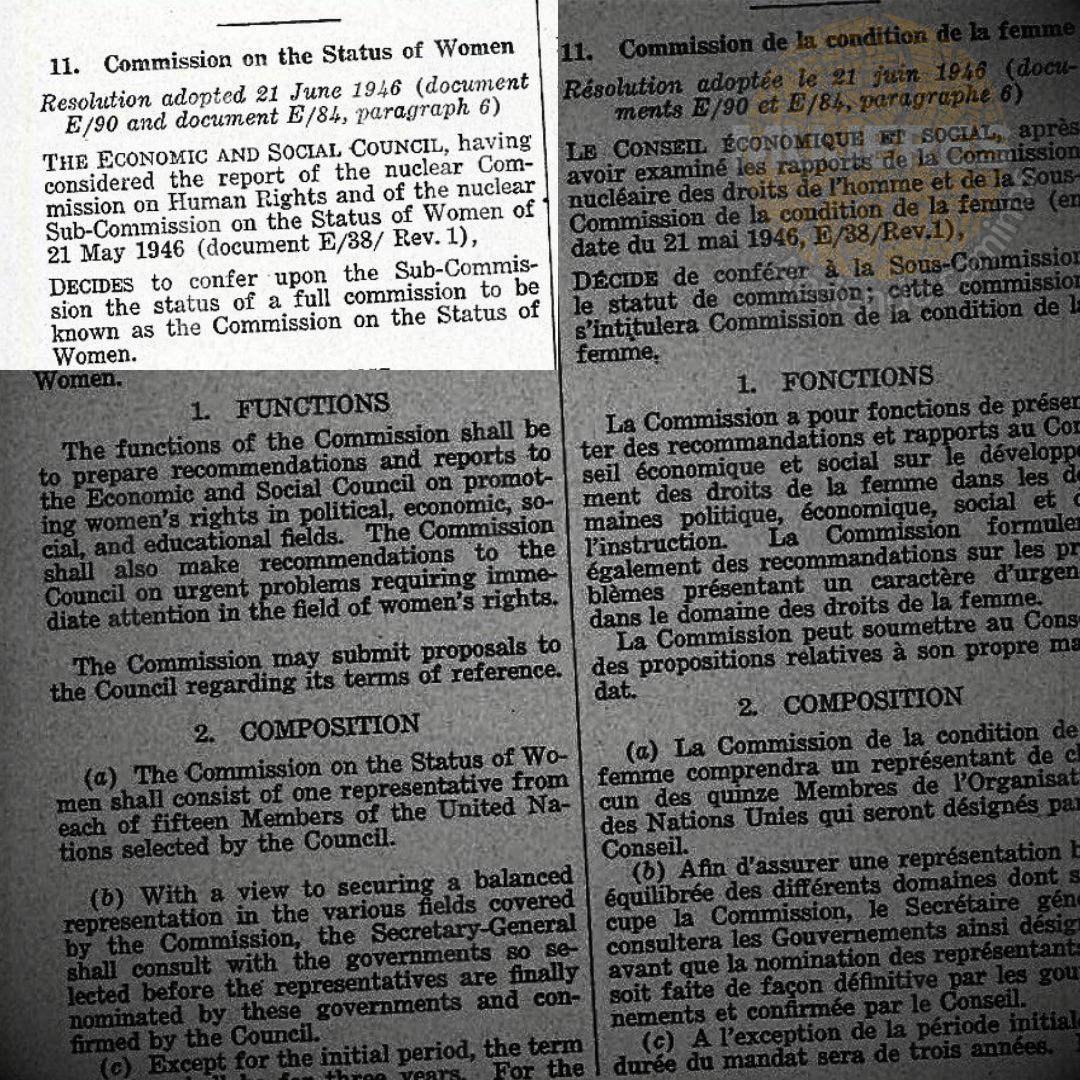 Fragmento del Boletín de la ONU, 1946, donde se formalizó la creación de la Comisión de la Condición Social y Jurídica de las Mujeres